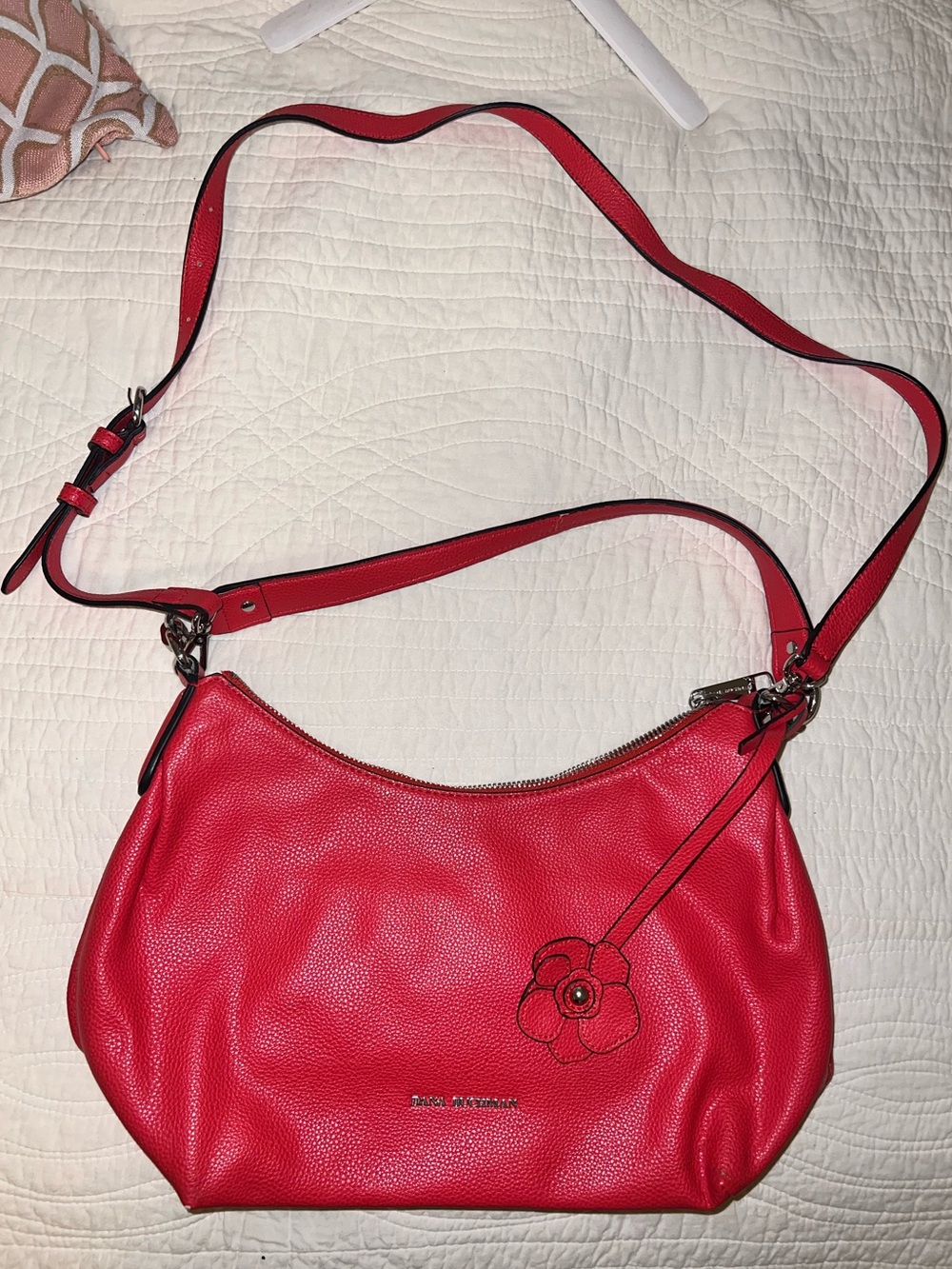 Dana Buchman Red Pebbled Leather Shoulder Bag with Flower Charm